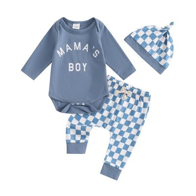 Aifawile Baby Boy Fall Outfits Long Sleeve Letter Print Romper Shirt Checkerboard Pants Hat Sets Newborn Boy Winter Clothes (Blue mamas boy, Newborn)