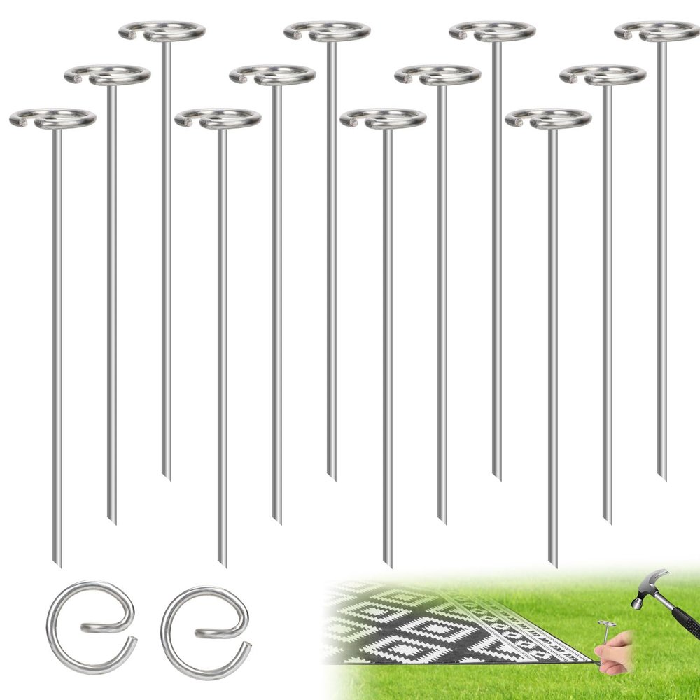 10pcs Outdoor Carpet Metal Stakes, Stainless Steel Patio Pegs Tool for Camping Rug Spike Ground Sheet Attachments Tarps Tents RV Accessories Camper Groundsheet Essentials