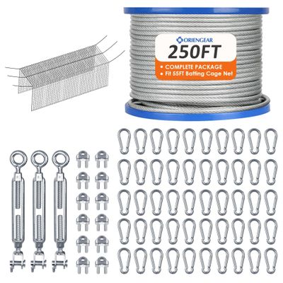 ORIENGEAR Batting Cage Netting Wire Kit for Baseball and Softball Included Galvanized Cable and Hook Set, Batting Cage Suspension Net Kits for Hitting Tunnels DIY, 55FT