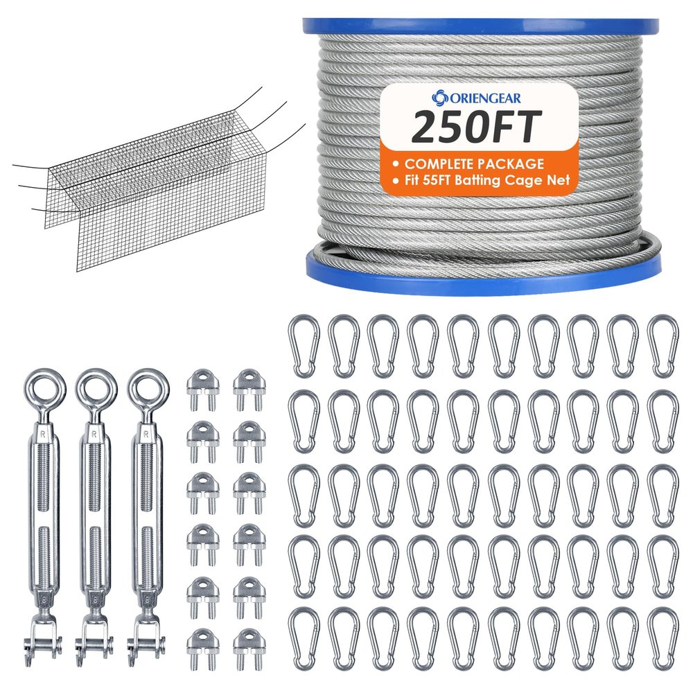 ORIENGEAR Batting Cage Netting Wire Kit for Baseball and Softball Included Galvanized Cable and Hook Set, Batting Cage Suspension Net Kits for Hitting Tunnels DIY, 55FT