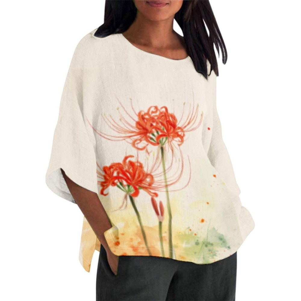 DMOYALA Cotton Linen Shirt for Women 2024 Boho Floral Crew Neck 3/4 Sleeve Blouse Tops Red Lily Printed Ladies Casual Loose Fit Tunic Tops Fall T Shirts for Summer M
