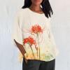 DMOYALA Cotton Linen Shirt for Women 2024 Boho Floral Crew Neck 3/4 Sleeve Blouse Tops Red Lily Printed Ladies Casual Loose Fit Tunic Tops Fall T Shirts for Summer M view 2