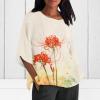 DMOYALA Cotton Linen Shirt for Women 2024 Boho Floral Crew Neck 3/4 Sleeve Blouse Tops Red Lily Printed Ladies Casual Loose Fit Tunic Tops Fall T Shirts for Summer M view 3