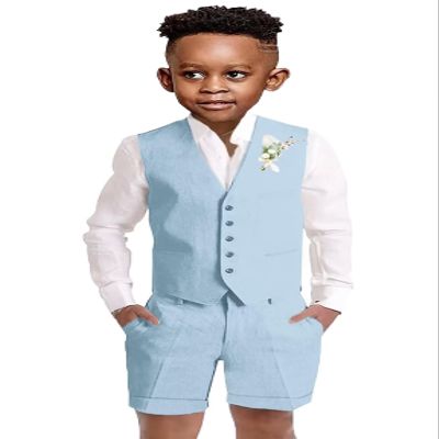 Boys Linen Short Suits for Kids Blue Formal Beach Wedding Summer Tuxedo Vest Suits for Boy Dress Clothes 3 Piece Set Size 6