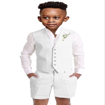 Linen Shorts Suit for Boys White Summer Casual Beach Wedding Outfit Kids Formal Tuxedo Vest Suit Short 3 Pieces Set 2t