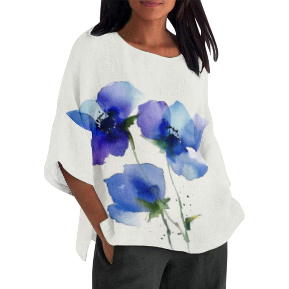 DMOYALA Cotton Linen Shirt for Women 2024 Boho Floral Crew Neck 3/4 Sleeve Blouse Tops Blue Flower Printed Ladies Casual Loose Fit Tunic Tops Fall T Shirts for Summer S