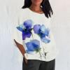 DMOYALA Cotton Linen Shirt for Women 2024 Boho Floral Crew Neck 3/4 Sleeve Blouse Tops Blue Flower Printed Ladies Casual Loose Fit Tunic Tops Fall T Shirts for Summer S view 2