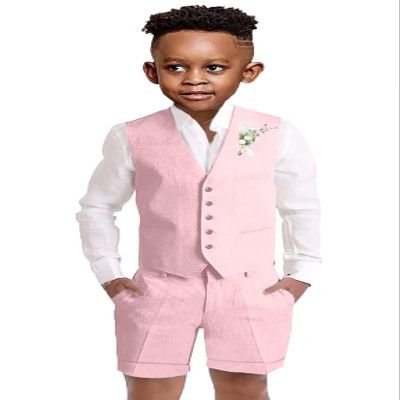 Boys Pink Linen Suit Casual Summer Beach Wedding Vest Short Suit 3 Piece Set Kids Tuxedo Ring Bearer Outfit Size 5