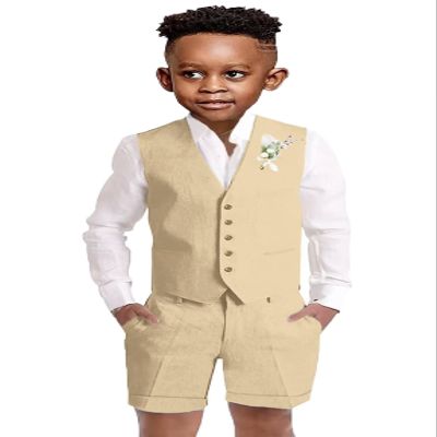 Short Suits for Boys Linen Casual Light Weight Summer Wedding Outfit Tuxedo Vest Suit for Kids Formal Suit Vest Short Set Size 14 Champagne