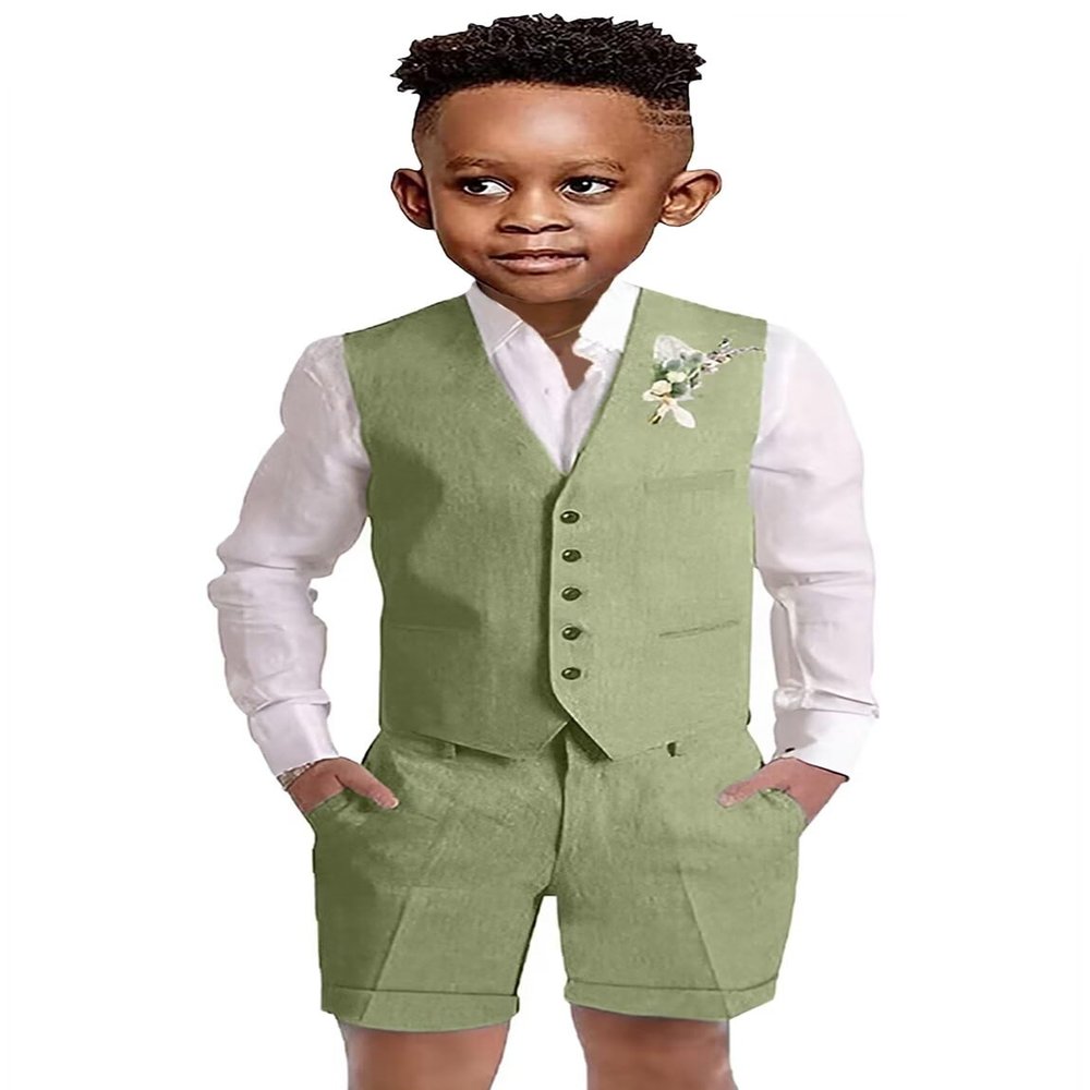 Boy Linen Vest Suits Formal 3 Pieces Green Shorts Suit for Boys Beach Wedding Outfit Kids Prom Tuxedo Dresswear Set Size 5