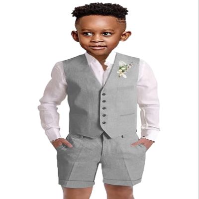 Boys Linen Short Suit Set Gray Toddler Boys Casual Summer Outfit Wedding Suit Kids Tuxedo Suit Vest Shorts Pants Set Size 6