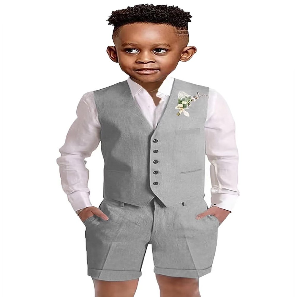 Boys Linen Short Suit Set Gray Toddler Boys Casual Summer Outfit Wedding Suit Kids Tuxedo Suit Vest Shorts Pants Set Size 6