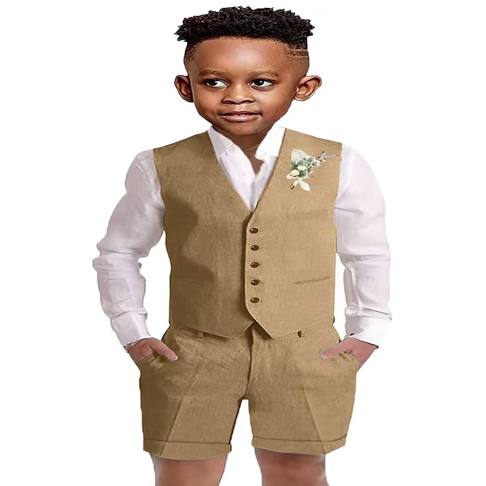Kids Linen Shorts Suit Summer Beach Wedding Prom Tuxedo Vest Suits for Teen Boys Casual Homecoming 3 Piece Suit Set Size 18 Khaki