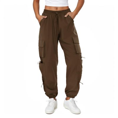 COPYLEAF Womens Parachute Cargo Pants with Pockets Quick Dry Hiking Pants Lightweight Water-Resistant Baggy Joggers(Brown S)