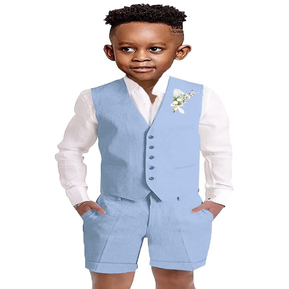 Kids Tuxedo Vest Suit for Toddler Boys Linen 3 Piece Set Casual Baby Boys Blue Shorts Suit Beach Wedding Outfit Size 2t