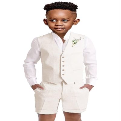 Teen Boys Linen Suits Formal Prom Tuxedo Teenager Vest Shorts Suit Set for Wedding Dresswear Graduation Outfit Size 18 Ivory