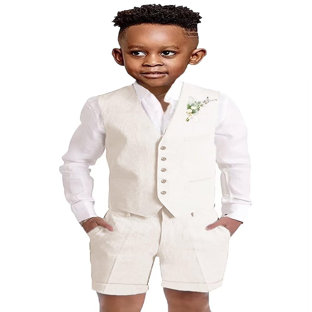 Teen Boys Linen Suits Formal Prom Tuxedo Teenager Vest Shorts Suit Set for Wedding Dresswear Graduation Outfit Size 18 Ivory