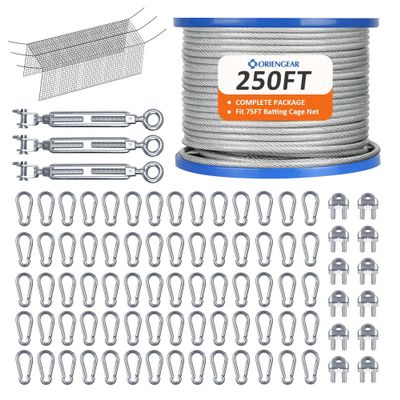 ORIENGEAR Batting Cage Netting Wire Kit for Baseball and Softball Included Galvanized Cable and Hook Set, Batting Cage Suspension Net Kits for Hitting Tunnels DIY, 70FT