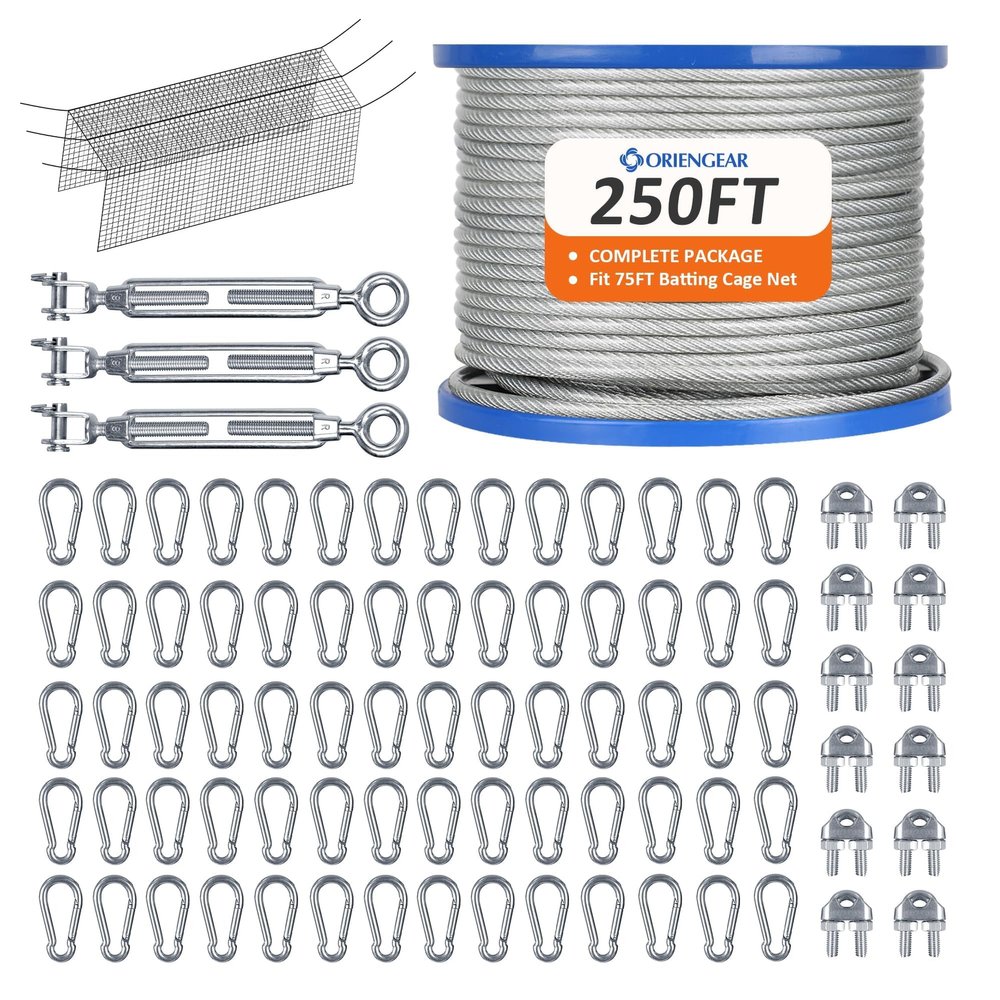 ORIENGEAR Batting Cage Netting Wire Kit for Baseball and Softball Included Galvanized Cable and Hook Set, Batting Cage Suspension Net Kits for Hitting Tunnels DIY, 70FT
