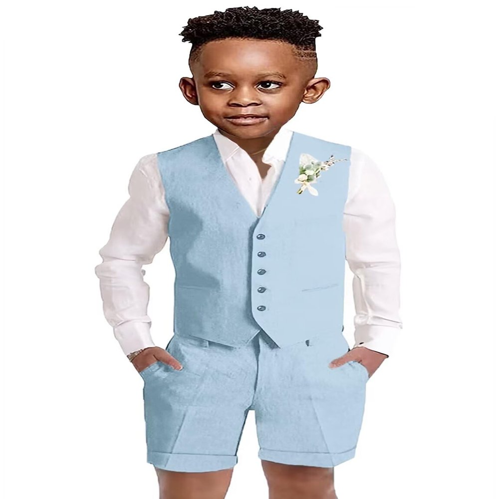 Baby Boys Blue Short Suits Linen Formal 3 Piece Vest Set KidsTuxedo Shorts Suits for Toddler Boy Beach Wedding Outfit Size 3t