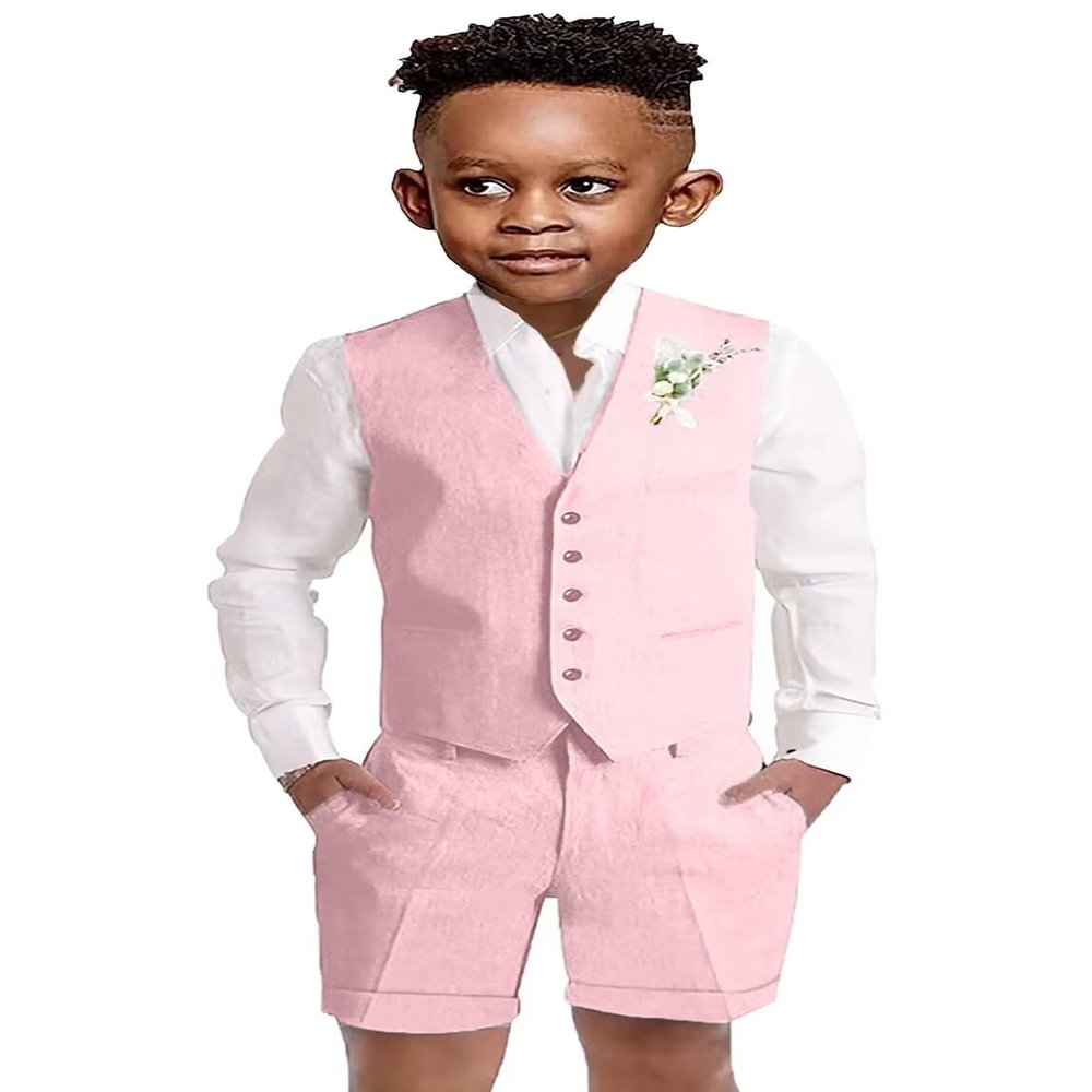 Boys Pink Linen Suit Casual Summer Beach Wedding Vest Short Suit 3 Piece Set Kids Tuxedo Ring Bearer Outfit Size 8