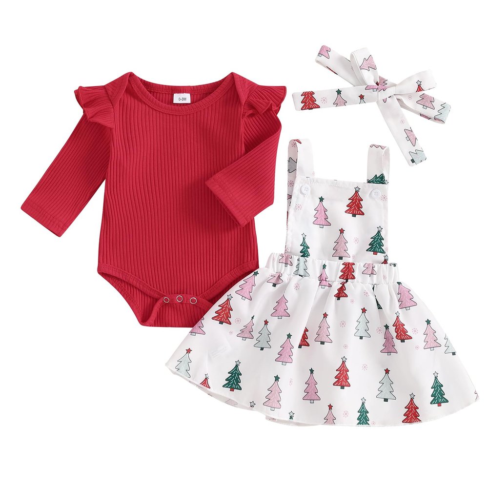 JLKGICF Baby Girl Halloween Thanksgiving Christmas Outfit Newborn Ruffle Romper Cute Print Suspender Skirt Winter Clothes (Christmas Tree Red, 0-3 Months)