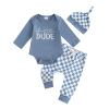 Aifawile Baby Boy Fall Outfits Long Sleeve Letter Print Romper Shirt Checkerboard Pants Hat Sets Newborn Boy Winter Clothes (Blue little Dude, 6-12 Months) view 1
