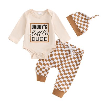 Aifawile Baby Boy Fall Outfits Long Sleeve Letter Print Romper Shirt Checkerboard Pants Hat Sets Newborn Boy Winter Clothes (Beige little Dude, 12-18 Months)