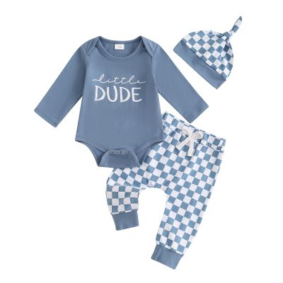 Aifawile Baby Boy Fall Outfits Long Sleeve Letter Print Romper Shirt Checkerboard Pants Hat Sets Newborn Boy Winter Clothes (Blue little Dude, 12-18 Months)