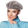 Beret Hats for Women, Rabbit Fur Beret Hat Flowers Rhinestone French Beret Cap Artist Painter Hat (Khaki) view 1