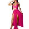 CROSTRITON Womens Sexy 2 Piece Outfits Dress Chiffon Strap Deep V Neck Bra Crop Top High Split Maxi Dresses Skirt Set