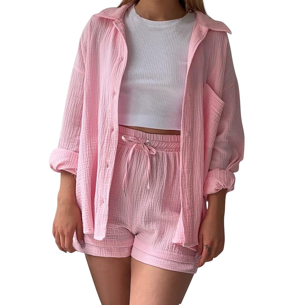 ZYXTIM Womens 2 Piece Summer Beach Outfits Printed Short Sleeve Tops Lounge Shorts Casual Tracksuit Set Pink