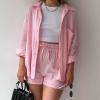 ZYXTIM Womens 2 Piece Summer Beach Outfits Printed Short Sleeve Tops Lounge Shorts Casual Tracksuit Set Pink view 2