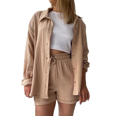 ZYXTIM Women's 2 Piece Outfits Cuffed Short Sleeve Button Down Pleated Blouse High Waist Bermuda Shorts Casual Tracksuit Set Khaki