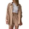 ZYXTIM Women's 2 Piece Outfits Cuffed Short Sleeve Button Down Pleated Blouse High Waist Bermuda Shorts Casual Tracksuit Set Khaki view 1