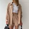 ZYXTIM Women's 2 Piece Outfits Cuffed Short Sleeve Button Down Pleated Blouse High Waist Bermuda Shorts Casual Tracksuit Set Khaki view 2