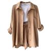 ZYXTIM Women's 2 Piece Outfits Cuffed Short Sleeve Button Down Pleated Blouse High Waist Bermuda Shorts Casual Tracksuit Set Khaki view 3