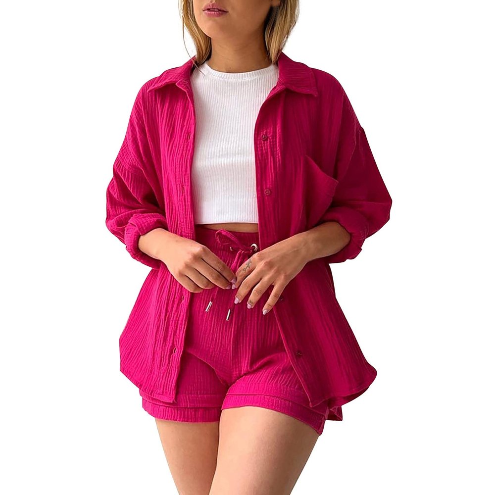 ZYXTIM Women's 2 Piece Outfits Cuffed Long Sleeve Button Down Pleated Blouse Elastic High Waisted Pleated Bermuda Shorts Casual Tracksuit Set Hot Pink