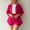 ZYXTIM Women's 2 Piece Outfits Cuffed Long Sleeve Button Down Pleated Blouse Elastic High Waisted Pleated Bermuda Shorts Casual Tracksuit Set Hot Pink view 2