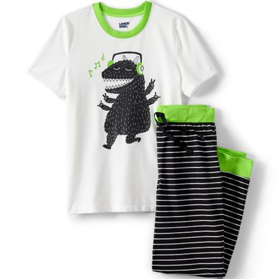 Lands' End Kids Short Sleeve Top and Jogger Bottom Pajama Set Oatmeal Dino Stripes Kids 8
