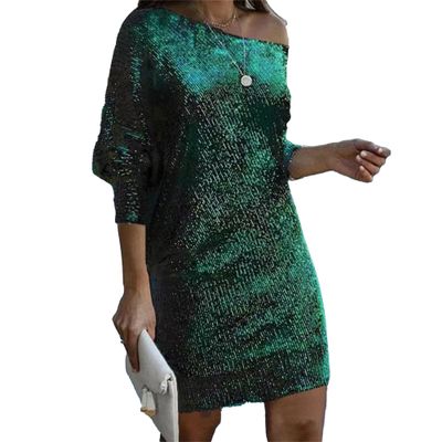 Women's One Shoulder Sparkle Sequin Dress Stretchy Cocktail Club Mini Dress Long Sleeve Bodycon Party Formal Dress (X-Large,Green)
