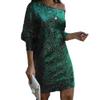 Women's One Shoulder Sparkle Sequin Dress Stretchy Cocktail Club Mini Dress Long Sleeve Bodycon Party Formal Dress (X-Large,Green) view 1