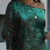 Women's One Shoulder Sparkle Sequin Dress Stretchy Cocktail Club Mini Dress Long Sleeve Bodycon Party Formal Dress (X-Large,Green) view 2