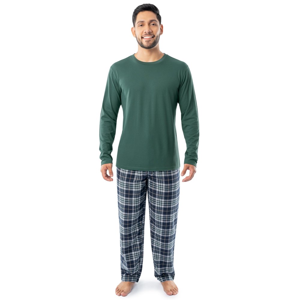 Fruit of the Loom Men's Jersey Knit Top and Flannel Pant Pajama Sleep Set, Green/Navy Plaid, X-Large
