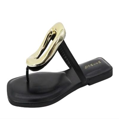 Bamboo Women's Thong Square Toe Round Ornament AccentFlatSandals (Black Silky Pu, US Footwear Size System, Adult, Women, Numeric, Medium, 11)"