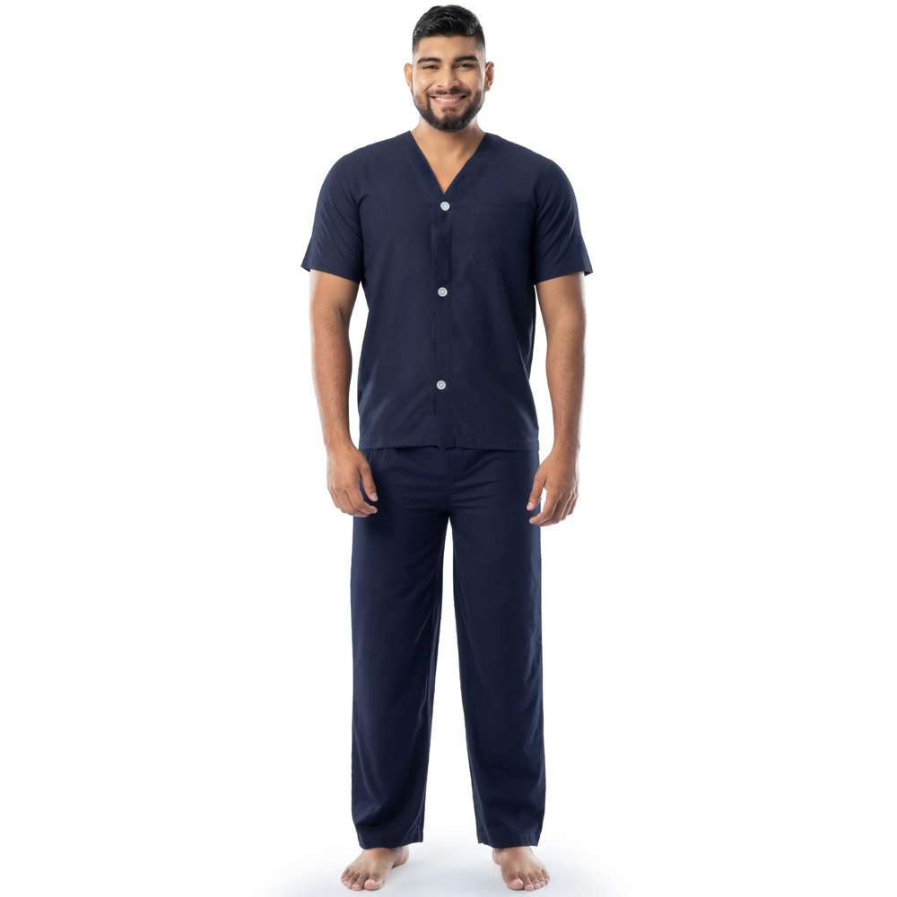 Fruit of the Loom Men's Broadcloth Short Sleeve Top and Long Pants Pajama Set, Navy Blue, Medium