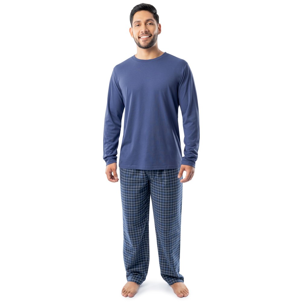 Fruit of the Loom Men's Jersey Knit Top and Flannel Pant Pajama Sleep Set, Navy/Navy Plaid, XX-Large