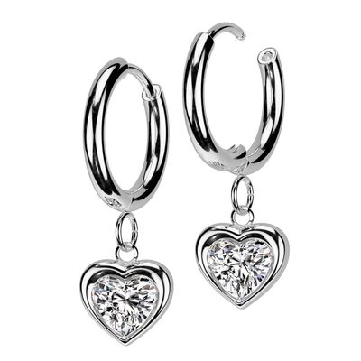 18GA 316L Stainless Steel CZ Crystal Heart Dangling Huggie Hoop Earrings, Sold as a Pair (Silver Tone)