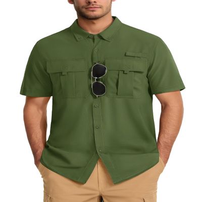 MAGCOMSEN Sun Protection Fishing Shirts for Men UPF 50+ Cooling Quick Dry Breathable Hiking Safari Camping Travel Shirts Army Green 2XL