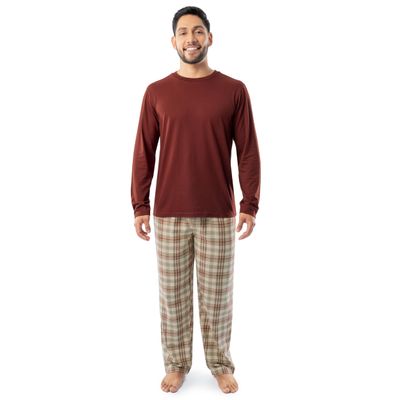 Fruit of the Loom Men's Jersey Knit Top and Flannel Pant Pajama Sleep Set, Red/Khaki Plaid, Small